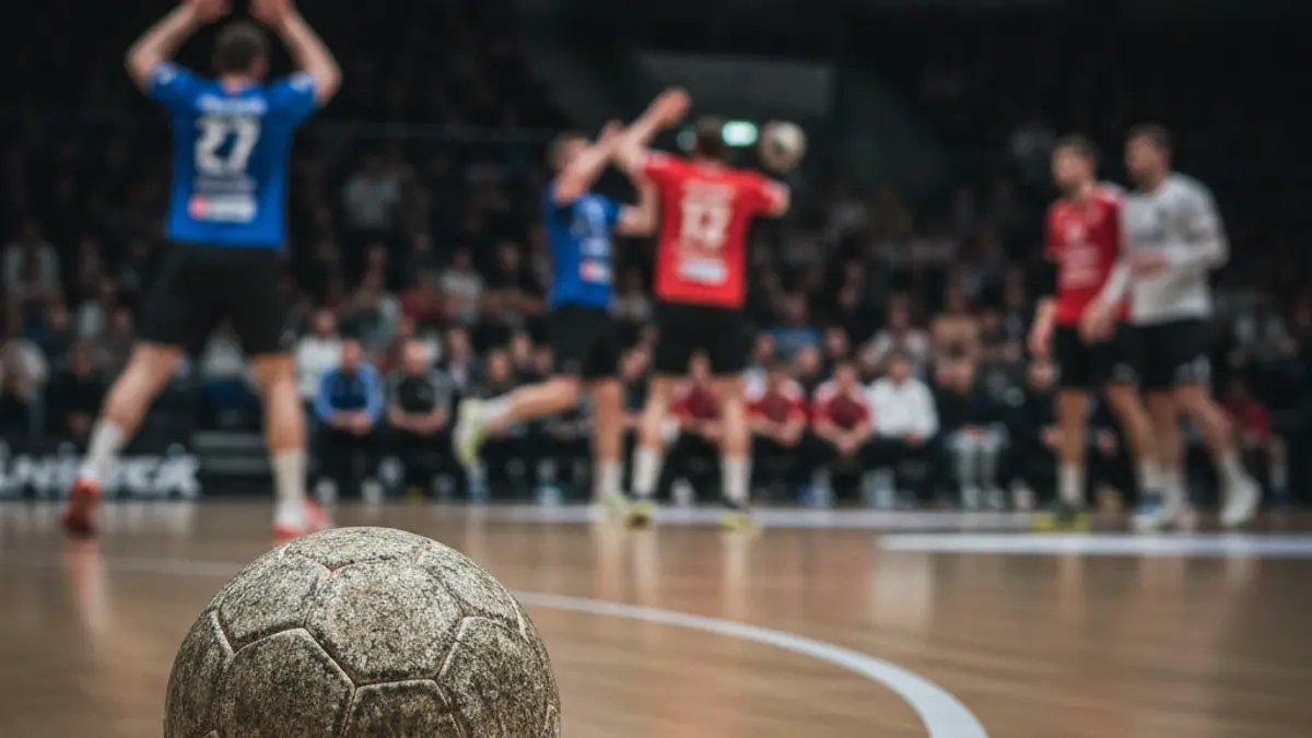 Imaxe xenérica dun balón de balonmán nunha cancha durante un partido.