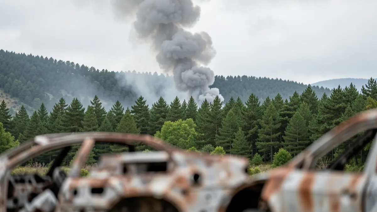 Imagen genérica de una columna de humo gris sobre una ladera de pinar verde en Galicia, con un coche calcinado borroso en primer plano.