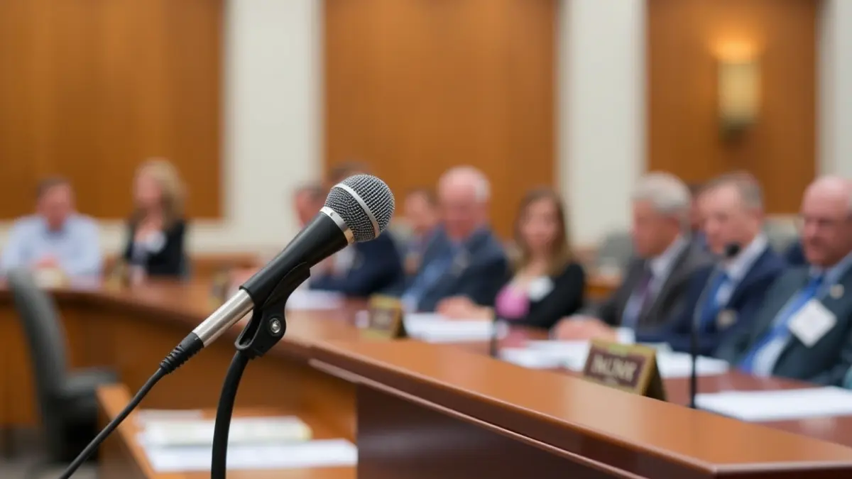 Imaxe xenérica dun micrófono nun podio nunha sala de reunións formal.