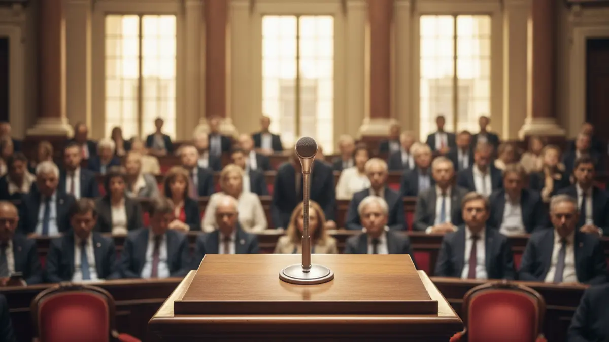 Imaxe xenérica dun micrófono nun podio, representando un acto político.