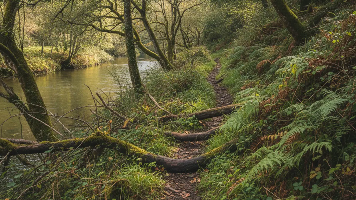 Imagen genérica de una senda fluvial con vegetación excesiva y señales de abandono.