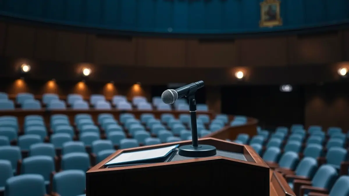 Imaxe xenérica dun micrófono nun podio nunha sala de reunións.