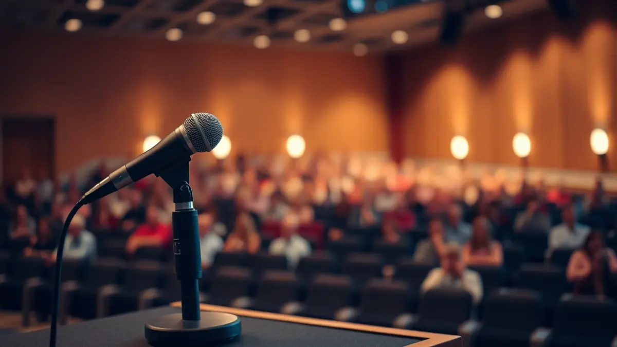 Imaxe xenérica dun micrófono nun atril nun auditorio, preparado para unha presentación pública.