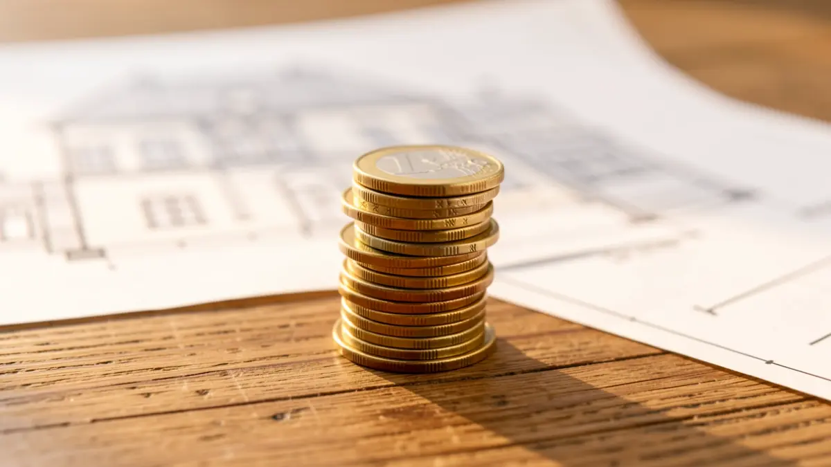Imaxe xenérica de moedas de euro sobre planos arquitectónicos.