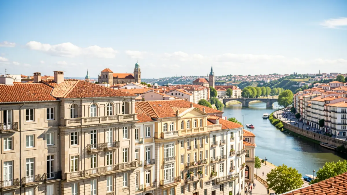 Imaxe xenérica dun ceo despexado sobre a cidade de Ourense con edificios de granito.