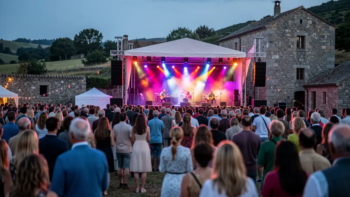 Imaxe dun festival de música ao aire libre en Galicia con escenario iluminado e público.