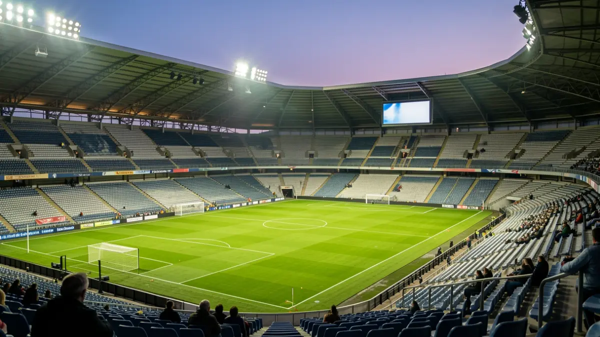 Imaxe xenérica dun estadio de fútbol galego pola noite, co terreo de xogo iluminado.