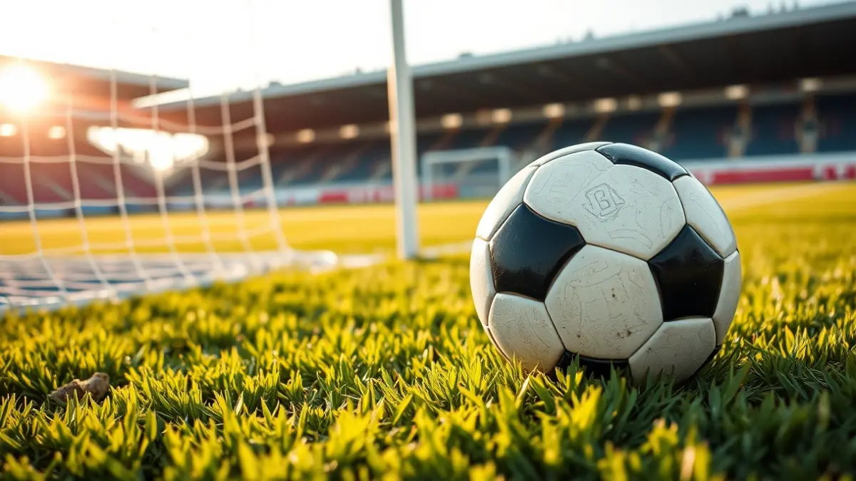 Imaxe xenérica dun balón de fútbol sobre o céspede dun campo.
