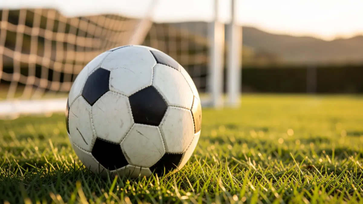 Imaxe xenérica dun balón de fútbol sobre herba con rede de meta desenfocada.