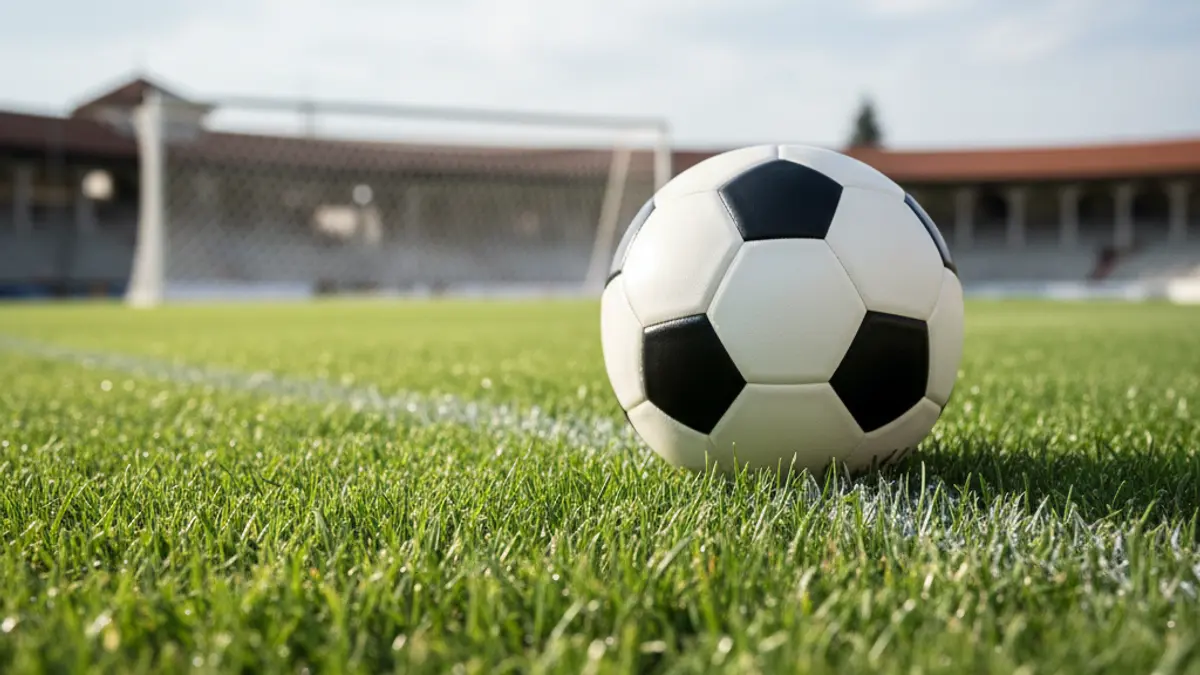 Imaxe xenérica dun balón de fútbol sobre o céspede dun campo.