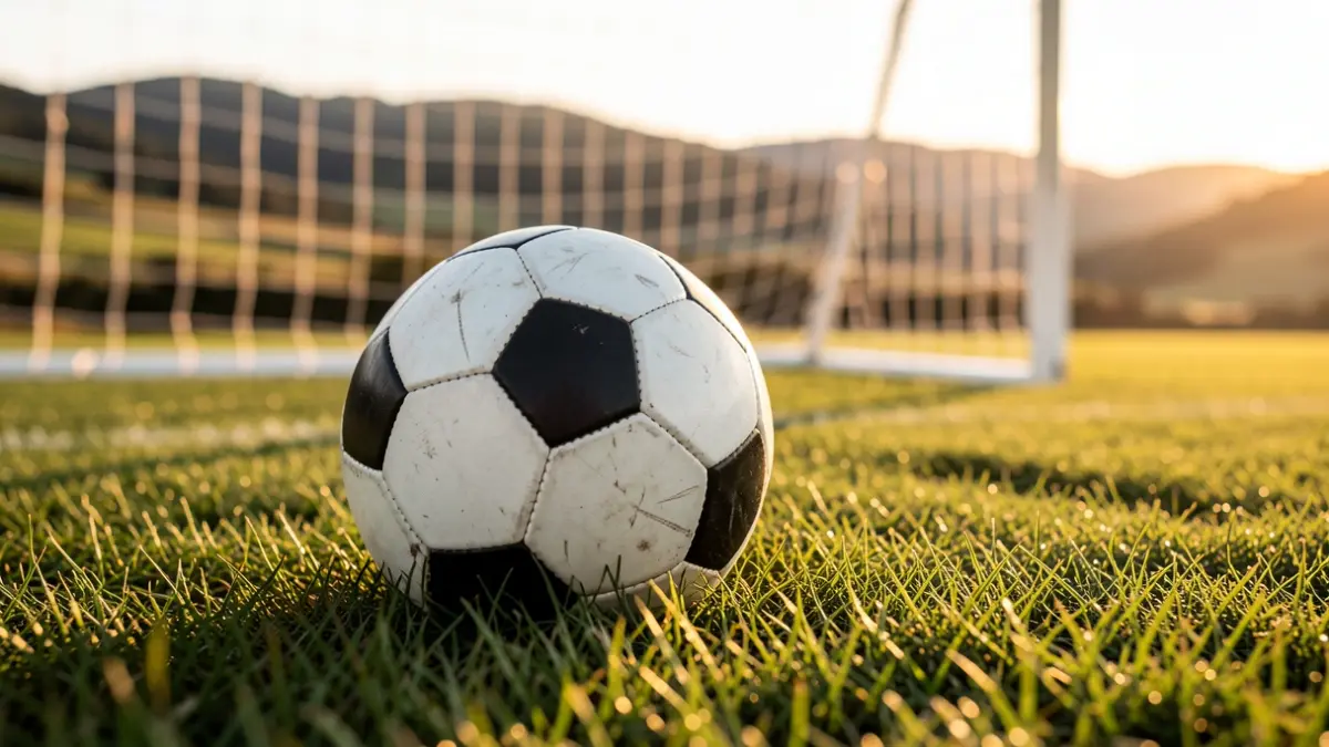 Imagen genérica de un balón de fútbol sobre césped con red borrosa al fondo.