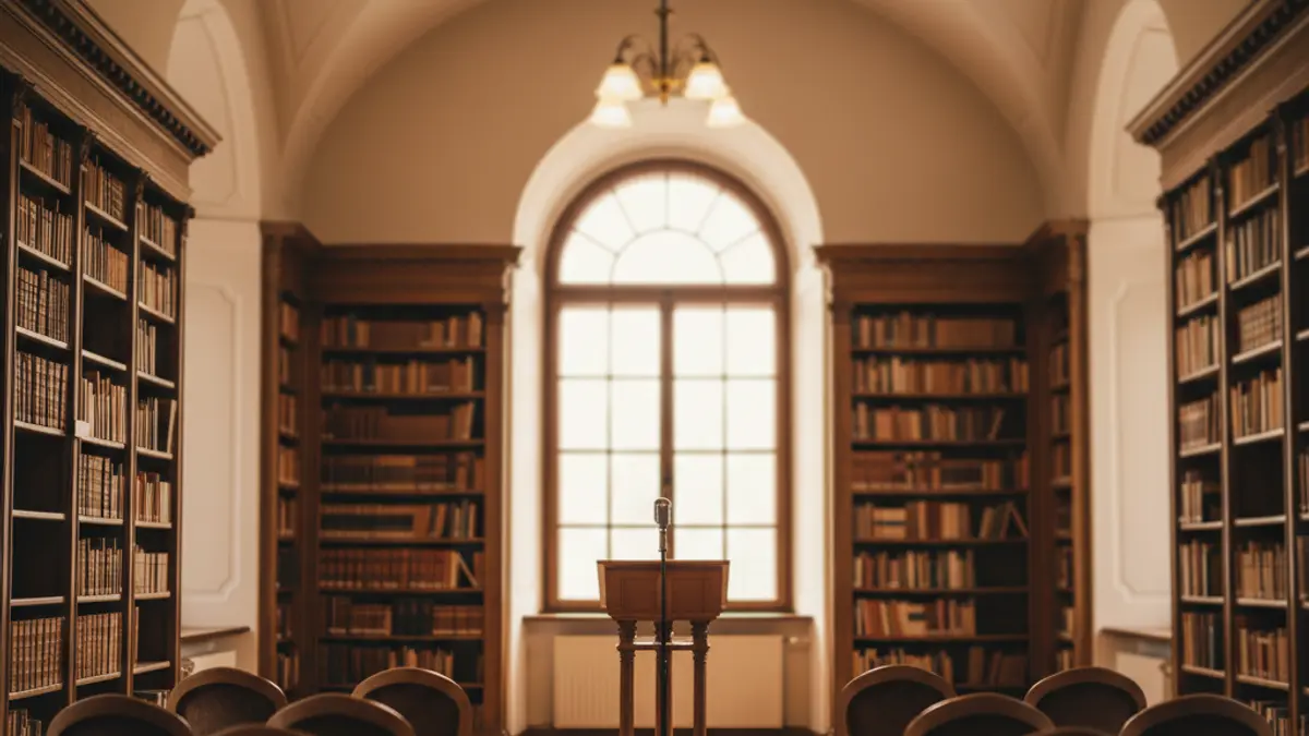 Imagen genérica de un interior de biblioteca o centro cultural con estanterías de madera e iluminación cálida.