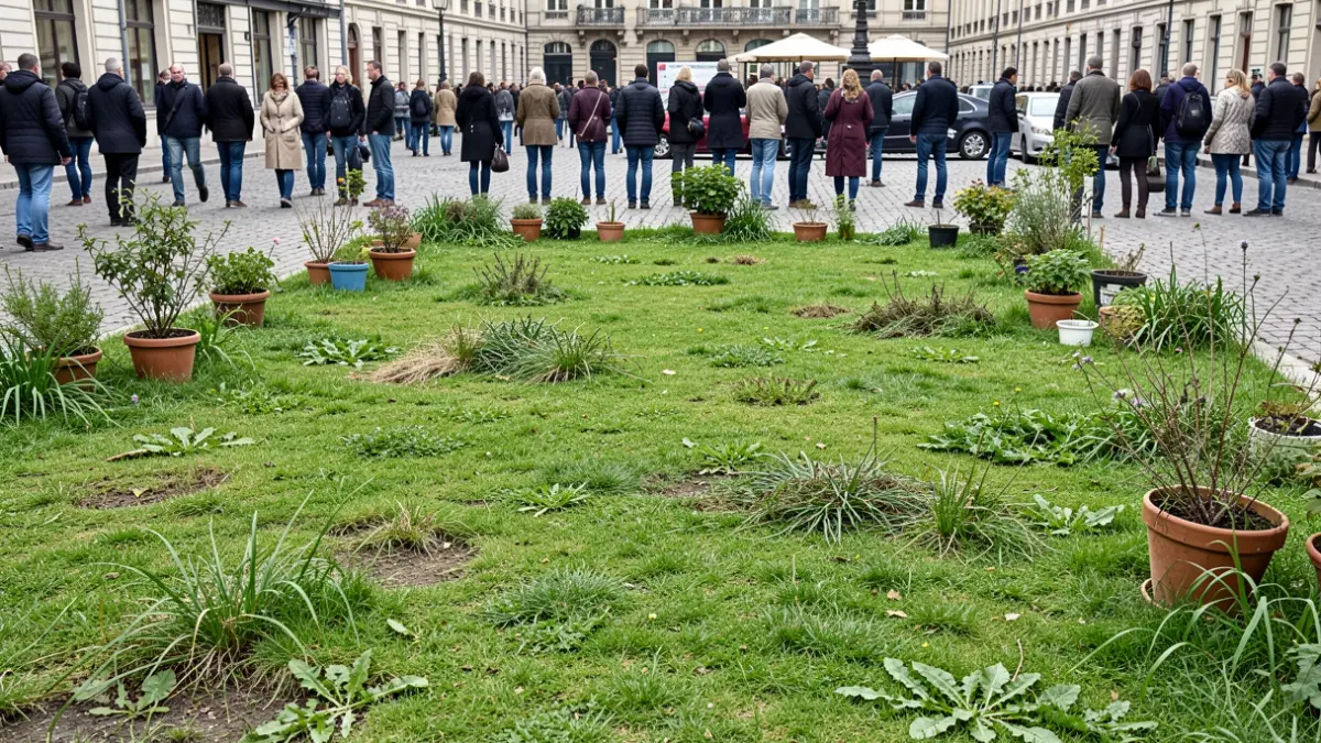 Imaxe dun céspede descoidado nunha praza pública con herbas daniñas e macetas.