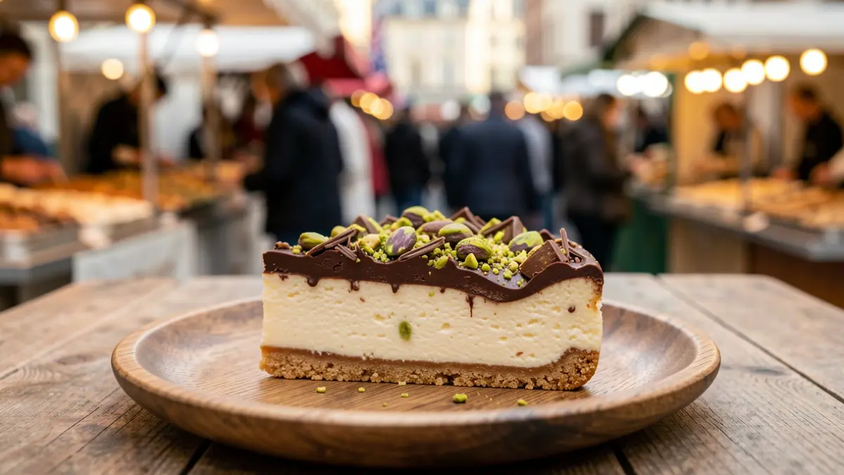 Imagen de una porción de tarta de queso con diferentes coberturas en un plato de madera, con un fondo difuminado de un festival gastronómico.