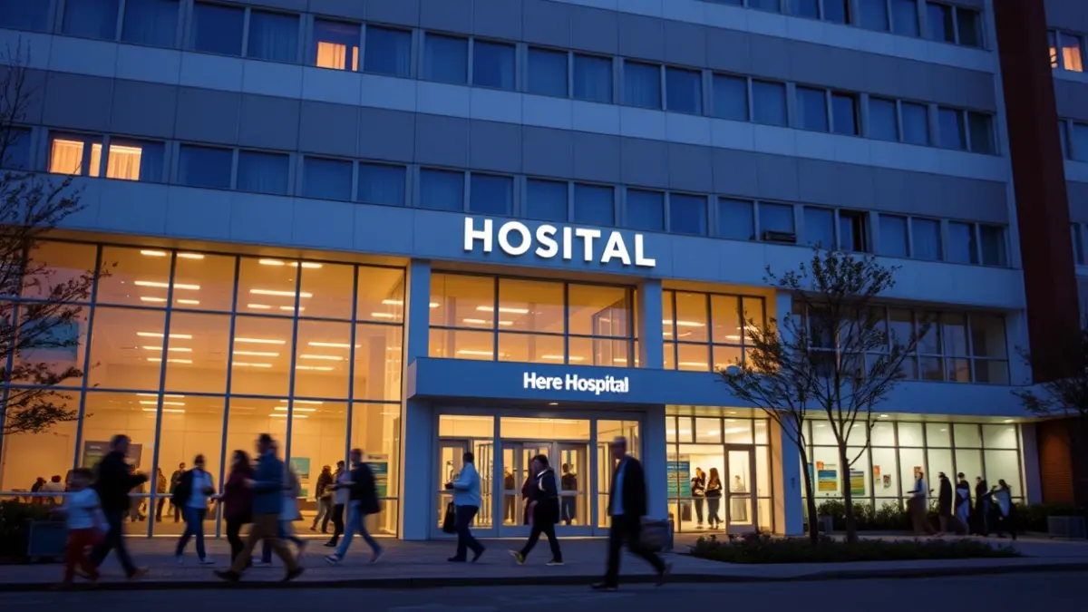 Imagen genérica de un hospital moderno al anochecer.