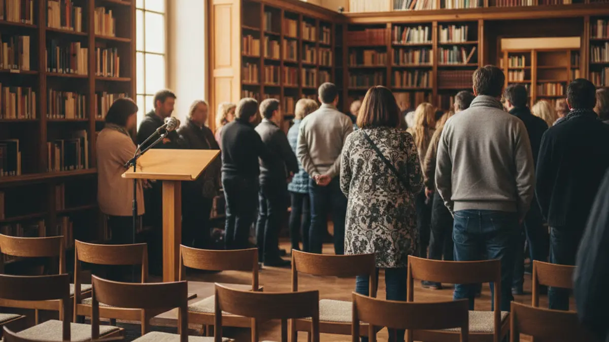 Imaxe xenérica dunha sala de conferencias ou biblioteca, con cadeiras baleiras e un micrófono no podio.