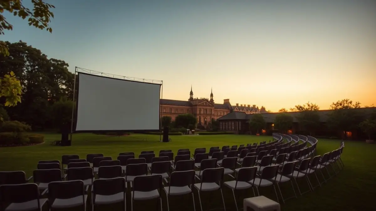 Imaxe dunha pantalla de cine ao aire libre nos xardíns do Pazo Quiñones de León.
