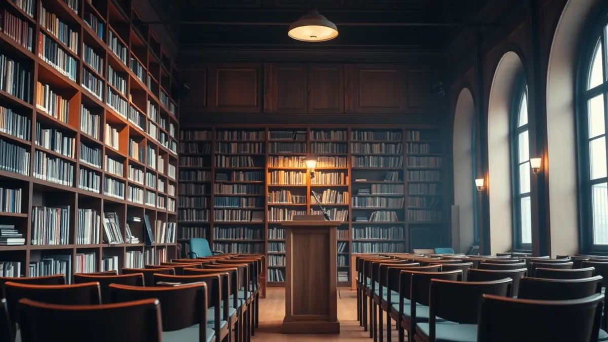 Imaxe xenérica dunha sala de presentacións ou biblioteca, con micrófono e cadeiras baleiras.