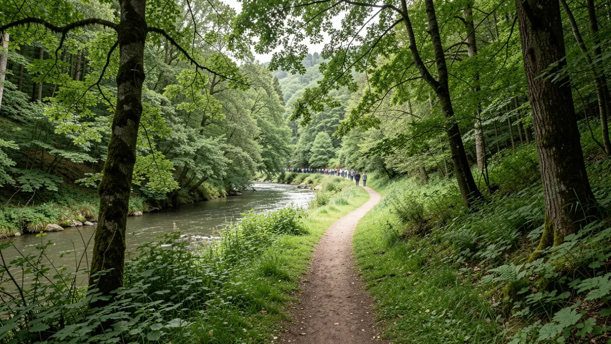 Imaxe dunha ruta de sendeirismo nun bosque de ribeira en Galicia.