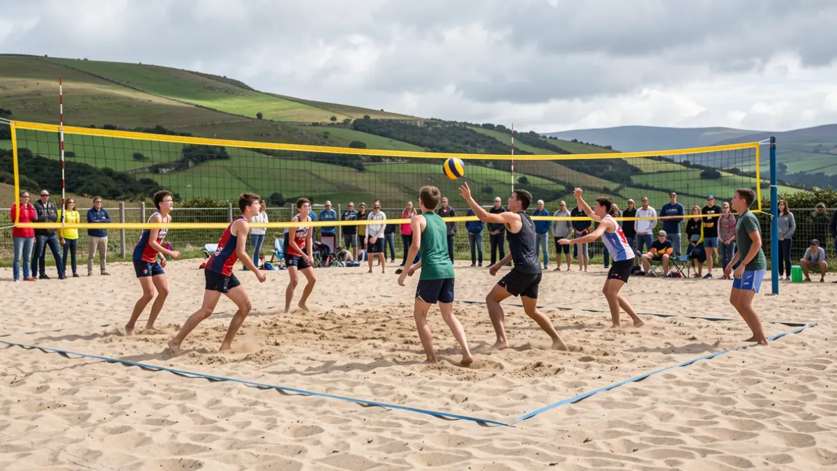 Imaxe xenérica de mozos e mozas practicando volei praia nunha area en Galicia.