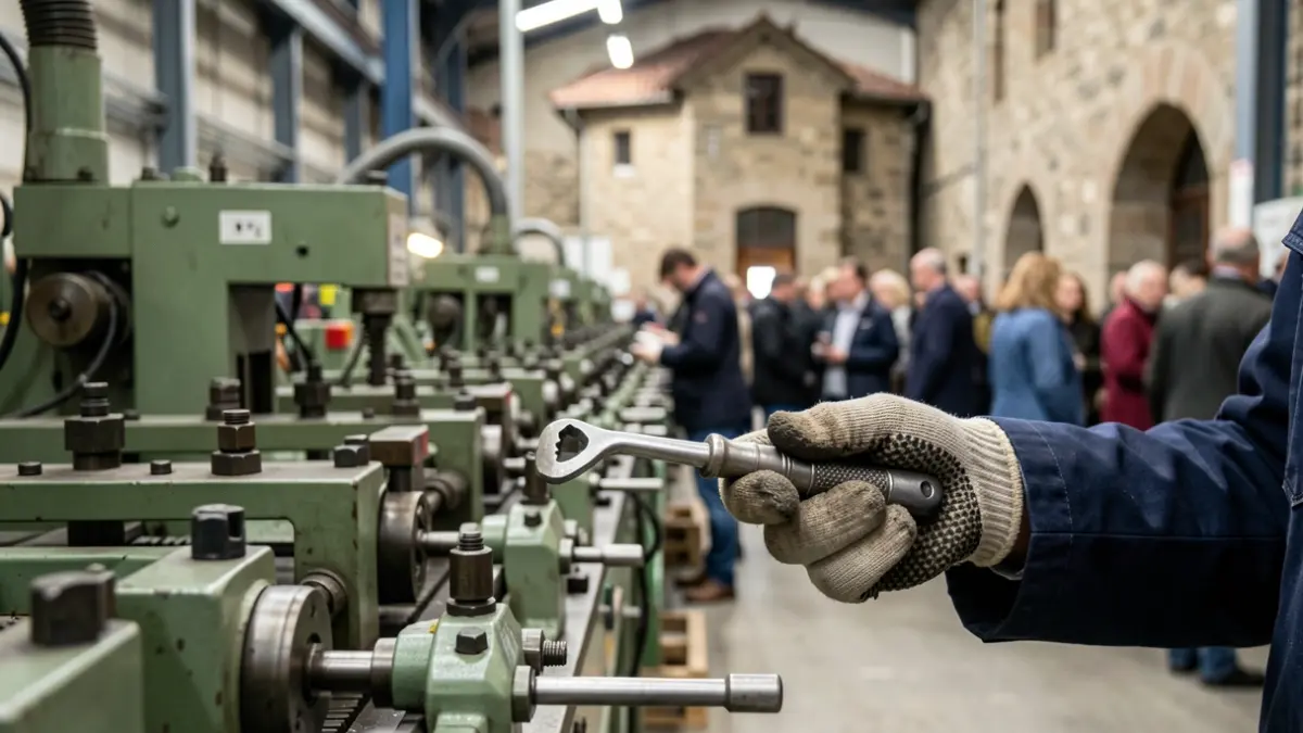 Imagen de una línea de montaje industrial con una mano sosteniendo una herramienta.
