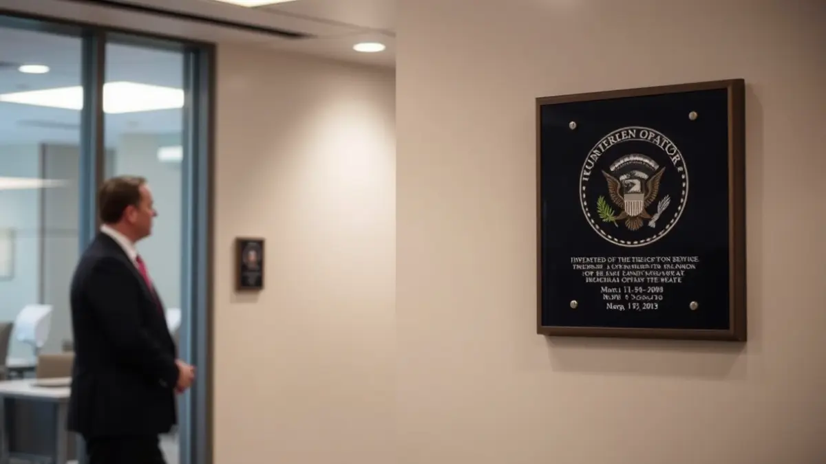Imaxe xenérica dunha placa conmemorativa nunha oficina moderna.