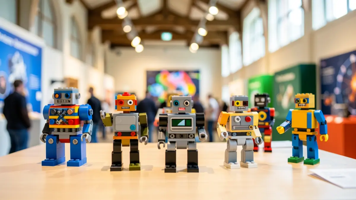 Imaxe xenérica de robots feitos con pezas de LEGO sobre unha mesa nun museo de ciencia.