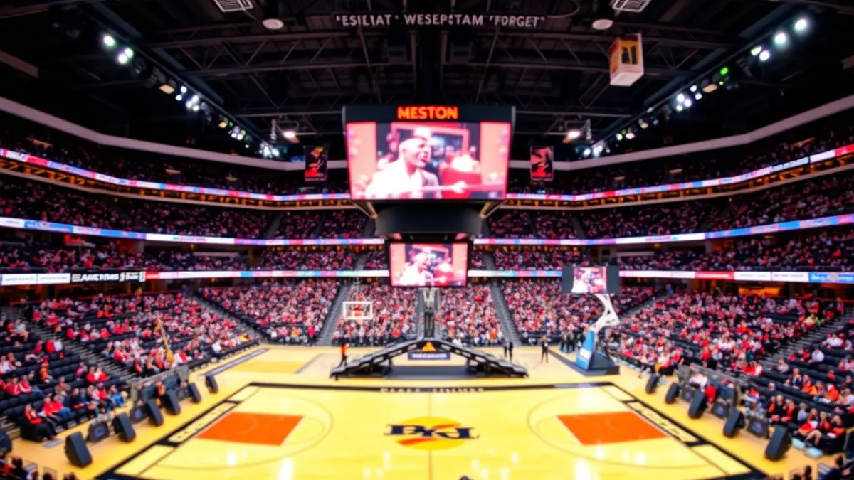 Imaxe do interior dun recinto multiúsos con cancha de baloncesto e escenario de concerto.