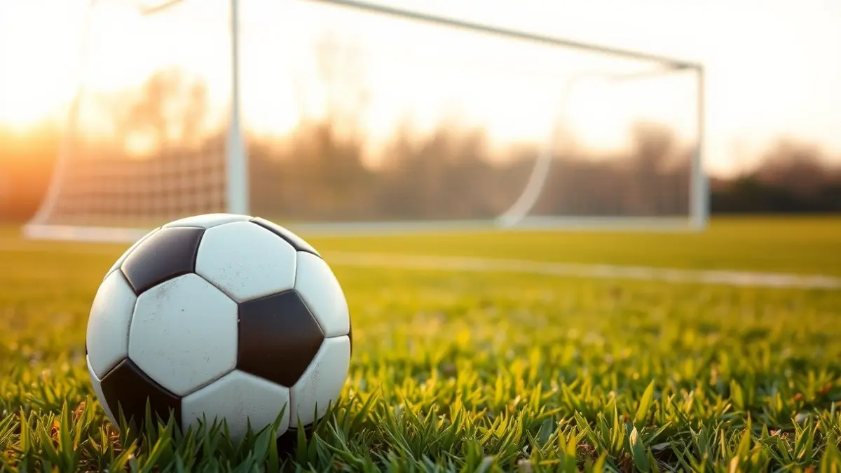 Imaxe xenérica dun balón de fútbol sobre herba, coa portería desenfocada ao fondo.