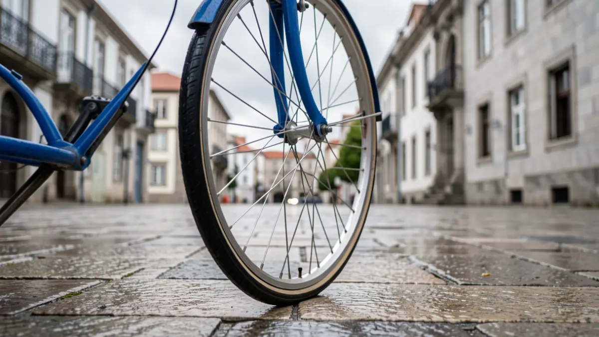 Primeira dunha roda de bicicleta azul do servizo BiciCoruña sobre unha beirarrúa de pedra mollada.