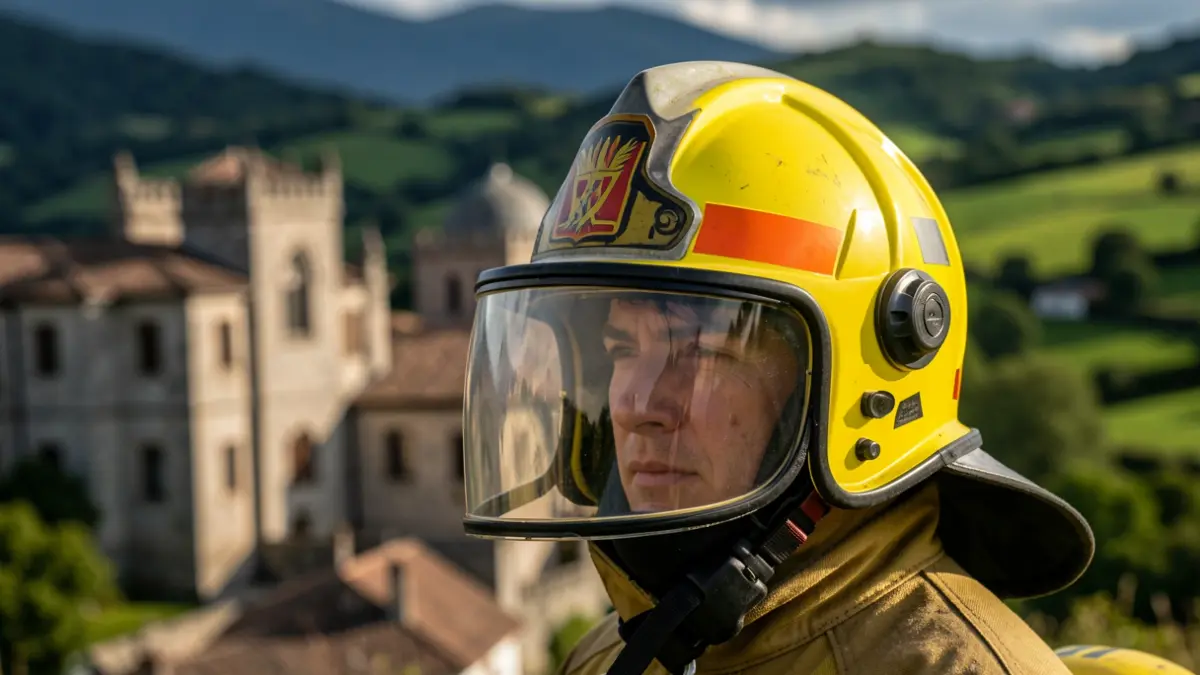 Imagen genérica de un casco de bombero con un paisaje gallego difuminado al fondo.