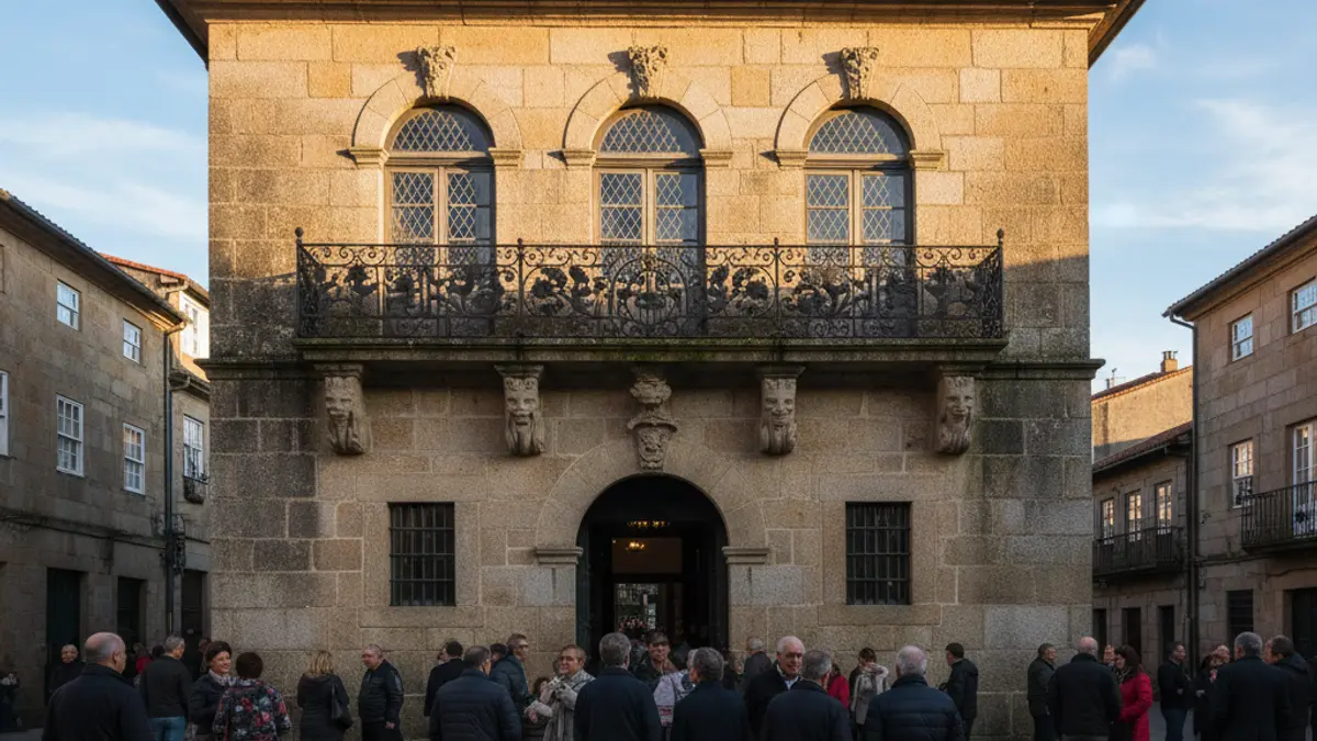 Fachada do edificio do concello de Lugo baixo a luz do sol.