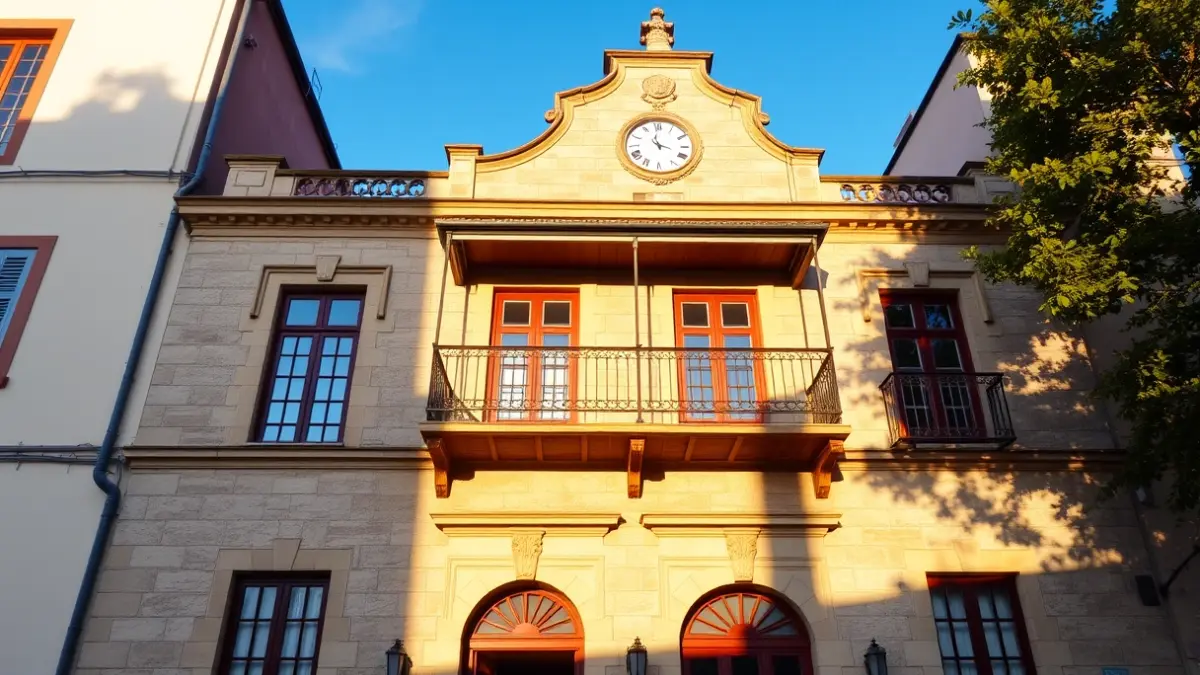 Fachada del ayuntamiento de Ourense bajo el sol de la tarde.