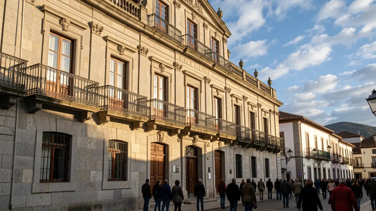 Fachada de granito dun concello histórico en Galicia, con balcóns ornamentados e reixas de ferro, baixo a luz cálida do sol de tarde.