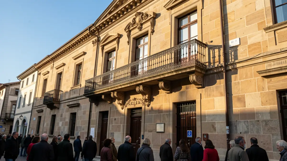 Imagen genérica de un ayuntamiento gallego de piedra con balcón y rejas de hierro, luz solar de la tarde.
