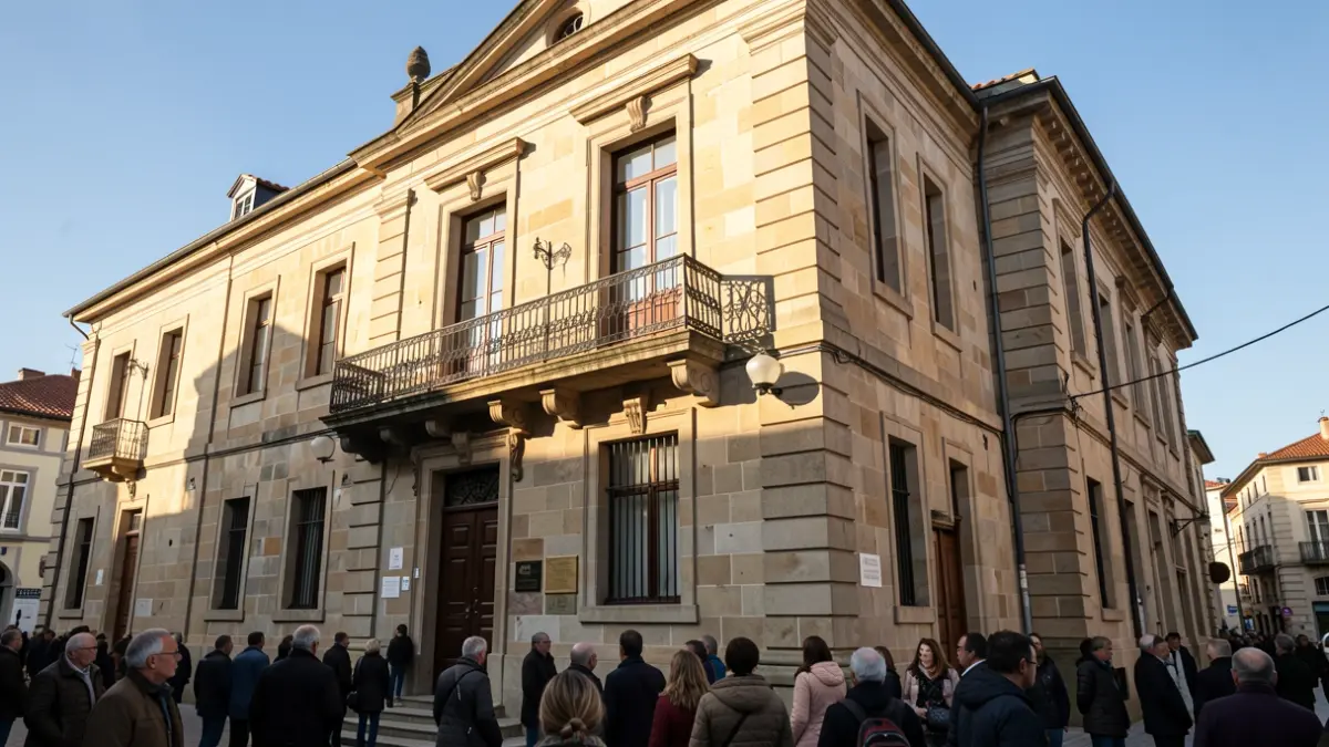 Imagen genérica de un ayuntamiento gallego de piedra con balcón ornamentado.