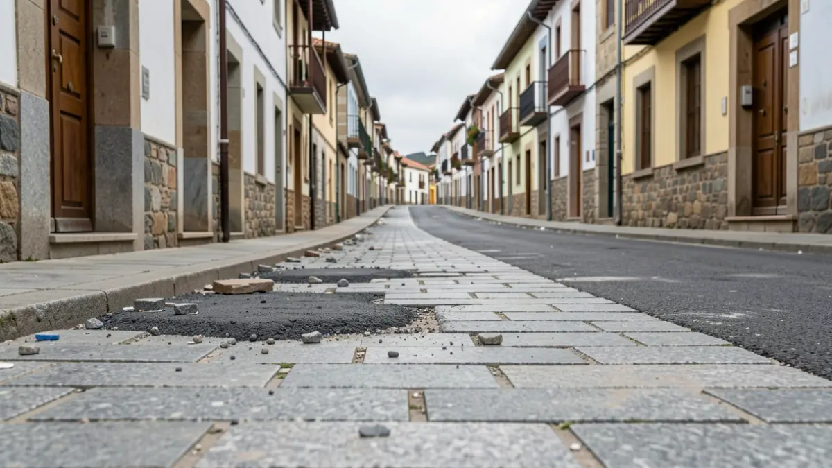 Imagen genérica de obras en la calle con una calle de piedra y edificios tradicionales.