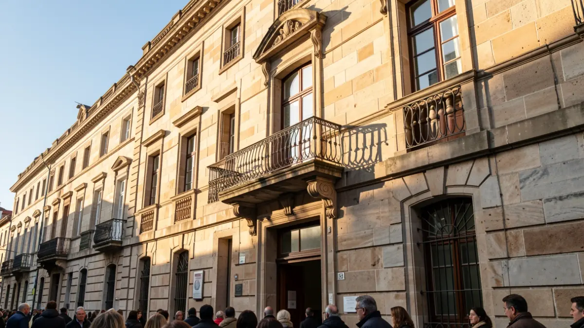 Imagen genérica de un ayuntamiento gallego de piedra con balcón y rejas de hierro, luz solar de la tarde.