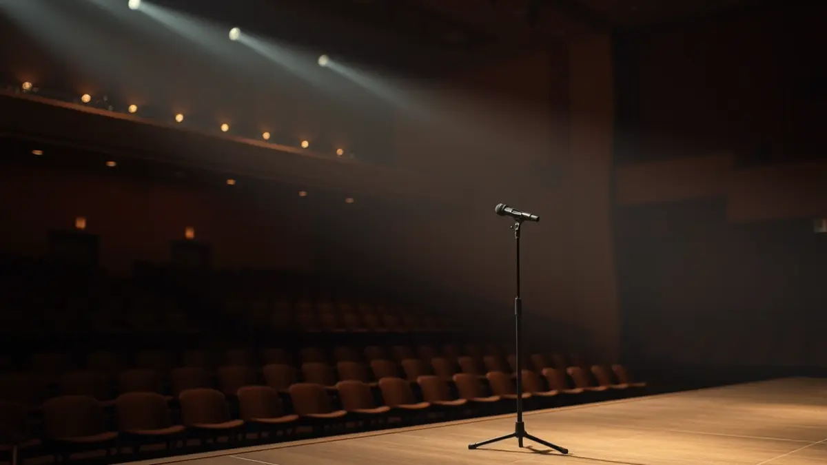 Imaxe xenérica dun escenario de concerto baleiro cun micrófono e asentos baleiros.