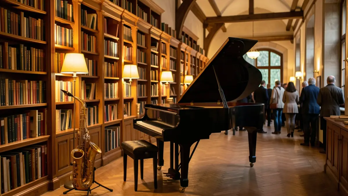 Interior de un conservatorio de música con instrumentos y mobiliario de madera.