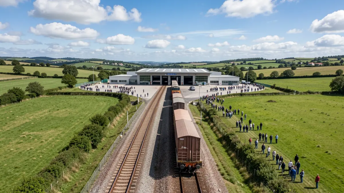 Imagen genérica de un tren de mercancías en un paisaje gallego con terminal.