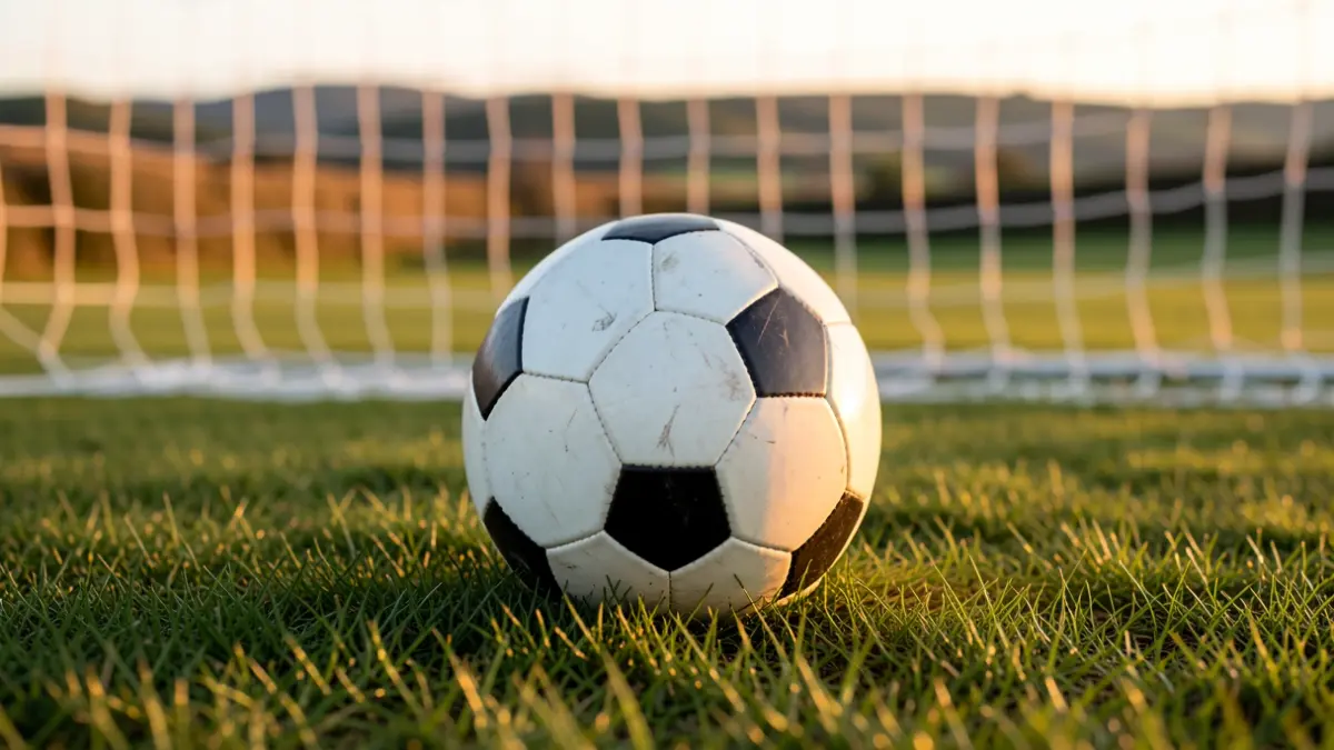 Imaxe xenérica dun balón de fútbol sobre herba con rede de fondo.