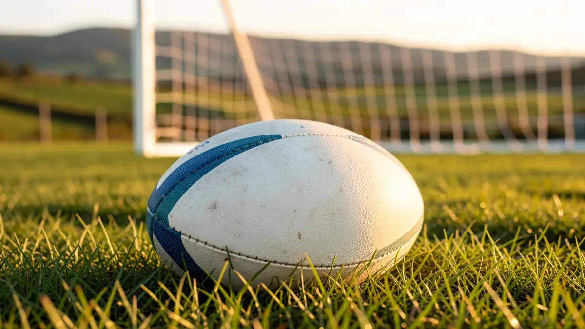 Imaxe xenérica dun balón de rugby sobre herba.