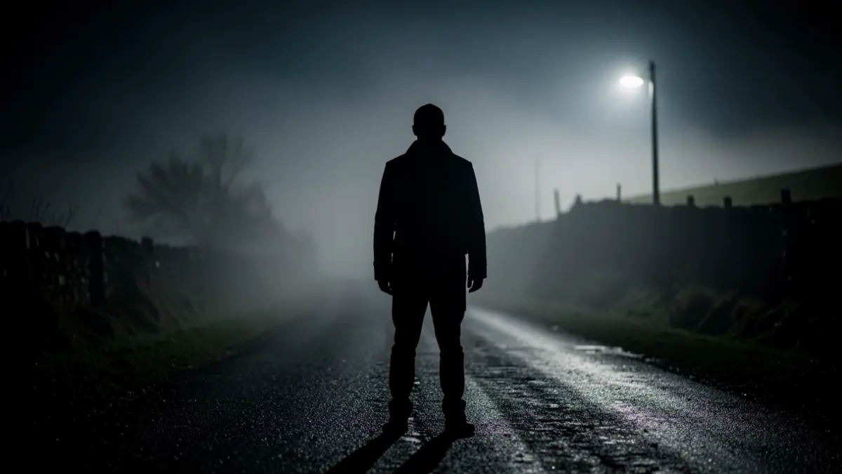 Imaxe dunha estrada rural desolada na Galicia pola noite, con néboa e iluminación dramática.