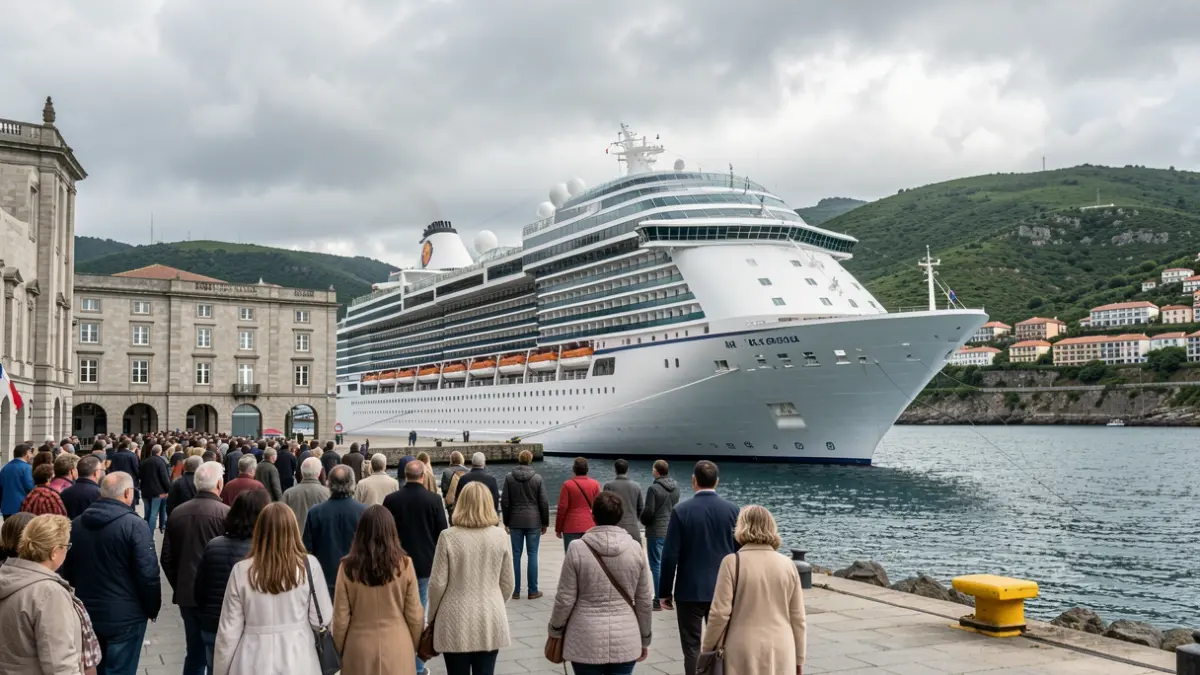 Imaxe xenérica dun cruceiro atracado nun porto galego con arquitectura de granito.