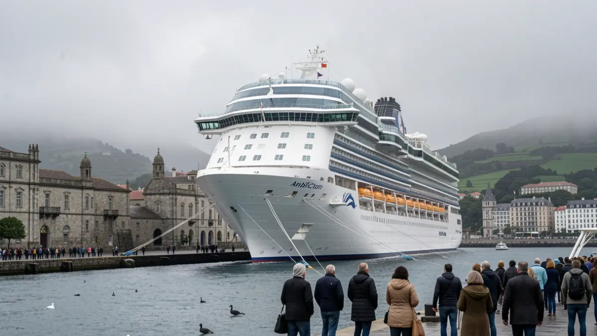 Imagen genérica de un crucero atracado en un puerto gallego con niebla.