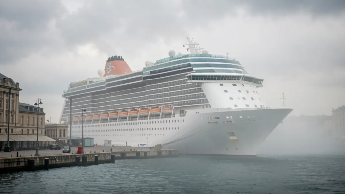 Imaxe xenérica dun cruceiro atracado nun porto con ceo nubrado.