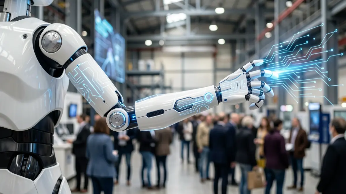 Imaxe dun brazo robótico humanoide futurista en primeiro plano, cun fondo industrial difuminado con patróns de circuítos brillantes.