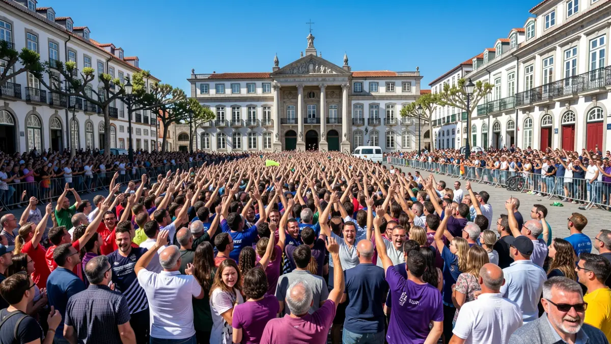 Imaxe xenérica de milleiros de persoas celebrando un ascenso deportivo na Praza de María Pita, A Coruña.