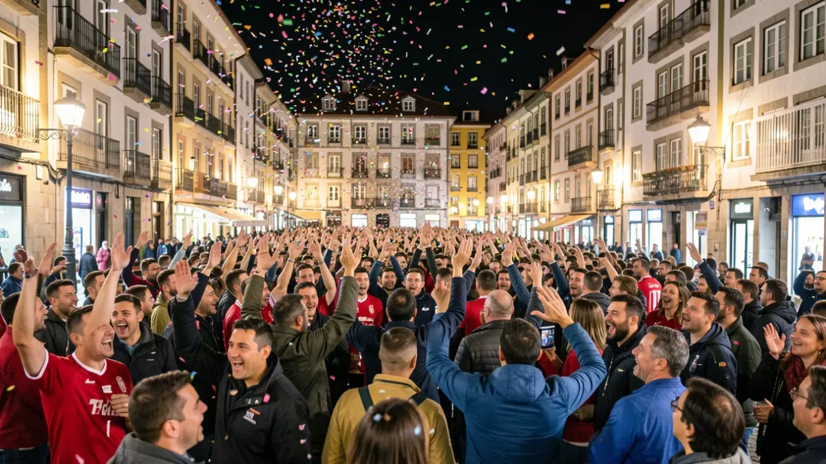 Imaxe xenérica dunha multitude de afeccionados celebrando nunha praza da Coruña pola noite.